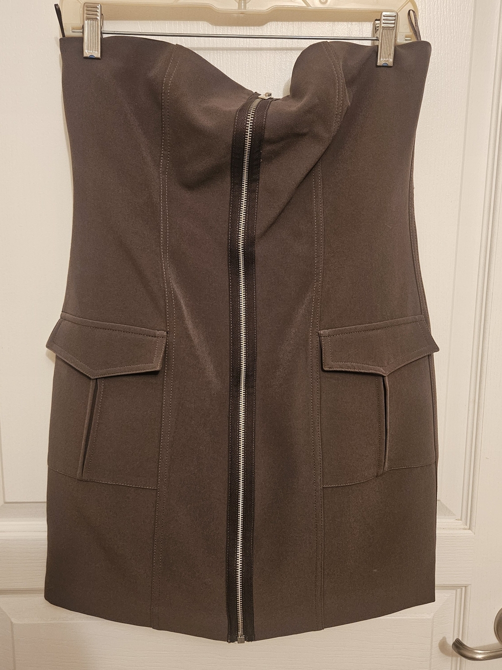 Zara Brown Strapless Zip-Front Dress with Flap Pockets